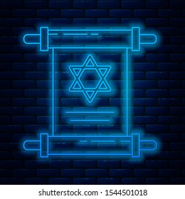 Glowing neon line Torah scroll icon isolated on brick wall background. Jewish Torah in expanded form. Star of David symbol. Old parchment scroll.  Vector Illustration