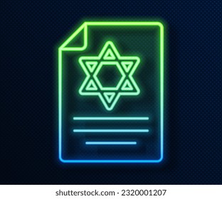 Glowing neon line Torah scroll icon isolated on blue background. Jewish Torah in expanded form. Star of David symbol. Old parchment scroll.  Vector