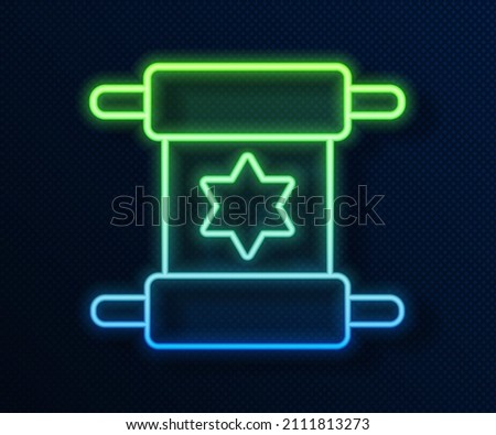 Glowing neon line Torah scroll icon isolated on blue background. Jewish Torah in expanded form. Star of David symbol. Old parchment scroll.  Vector