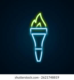 Glowing neon line Torch flame icon isolated on black background. Symbol fire hot, flame power, flaming and heat. Colorful outline concept. Vector