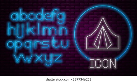 Glowing neon line Tourist tent icon isolated on brick wall background. Camping symbol. Neon light alphabet. Vector Illustration