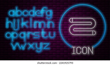 Glowing neon line Towel icon isolated on brick wall background. Neon light alphabet. Vector Illustration