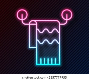 Glowing neon line Towel on hanger icon isolated on black background. Bathroom towel icon.  Vector