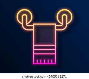 Glowing neon line Towel on hanger icon isolated on black background. Bathroom towel icon.  Vector