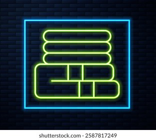 Glowing neon line Towel stack icon isolated on brick wall background.  Vector