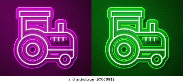 Glowing neon line Tractor icon isolated on purple and green background.  Vector