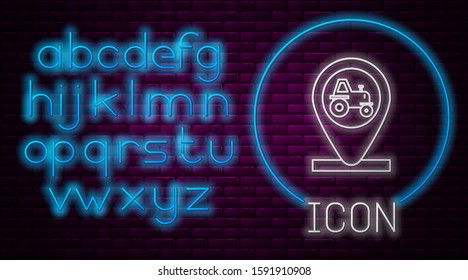 Glowing neon line Tractor and location icon isolated on brick wall background. Neon light alphabet. Vector Illustration