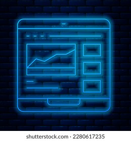 Glowing neon line Trading courses icon isolated on brick wall background. Distance learning finance management, buying and selling assets in the stock markets.  Vector