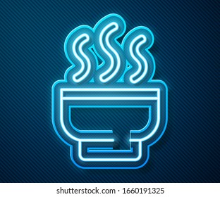 Glowing neon line Traditional Chinese tea ceremony icon isolated on blue background. Teapot with cup.  Vector Illustration