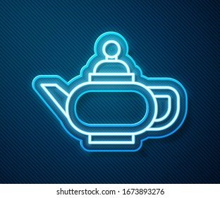 Glowing neon line Traditional Chinese tea ceremony icon isolated on blue background. Teapot with cup.  Vector Illustration