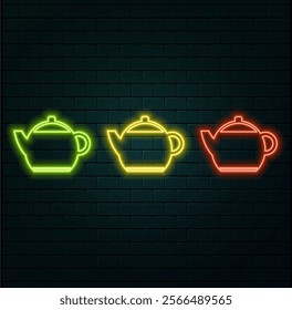 Glowing neon line Traditional Chinese tea ceremony icon isolated on black background. Teapot with cup. Vector