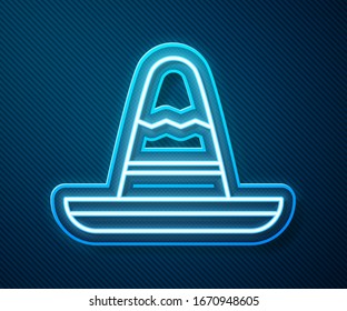 Glowing neon line Traditional mexican sombrero hat icon isolated on blue background.  Vector Illustration