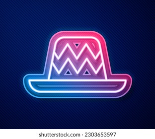 Glowing neon line Traditional mexican sombrero hat icon isolated on blue background.  Vector
