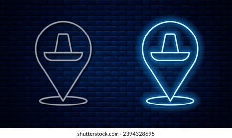 Glowing neon line Traditional mexican sombrero hat icon isolated on brick wall background.  Vector