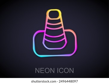 Glowing neon line Traffic cone icon isolated on black background.  Vector