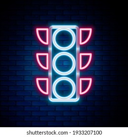 Línea de neón brillante Icono de luz de tráfico aislado en el fondo de pared de ladrillo. Concepto de esquema colorido. Vector