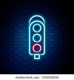 Glühende Neonline Ampel Symbol einzeln auf Ziegelmauerhintergrund. Farbiges Rahmenkonzept. Vektorgrafik