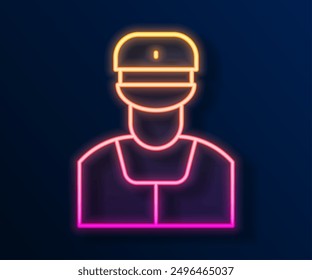 Glowing neon line Train conductor icon isolated on black background.  Vector