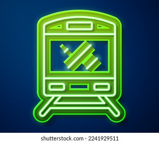 Glowing neon line Train icon isolated on blue background. Public transportation symbol. Subway train transport. Metro underground.  Vector