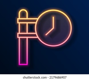 Glowing neon line Train station clock icon isolated on black background.  Vector