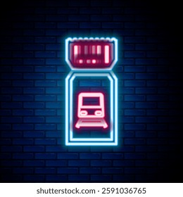 Glowing neon line Train ticket icon isolated on brick wall background. Travel by railway. Colorful outline concept. Vector
