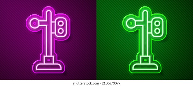 Glowing neon line Train traffic light icon isolated on purple and green background. Traffic lights for the railway to regulate the movement of trains.  Vector