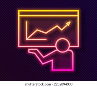 Glowing neon line Training, presentation icon isolated on black background.  Vector