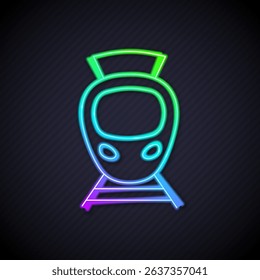Glowing neon line Tram and railway icon isolated on black background. Public transportation symbol.  Vector