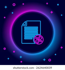 Glowing neon line Transfer files icon isolated on black background. Copy files, data exchange, backup, PC migration, file sharing concepts. Colorful outline concept. Vector