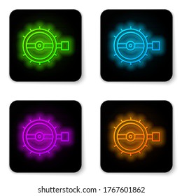 Glowing neon line Trap hunting icon isolated on white background. Black square button. Vector