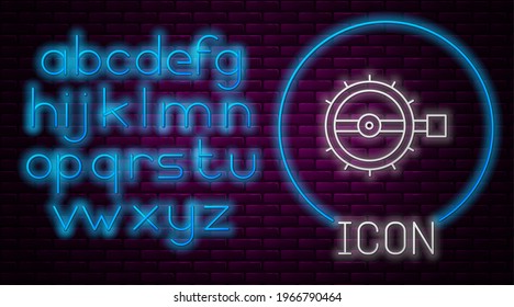 Glowing neon line Trap hunting icon isolated on brick wall background. Neon light alphabet. Vector