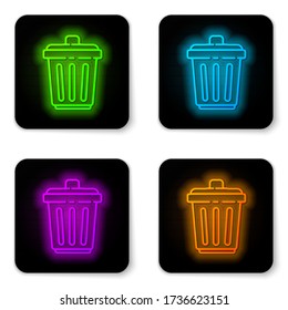 Glowing neon line Trash can icon isolated on white background. Garbage bin sign. Recycle basket icon. Office trash icon. Black square button. Vector Illustration