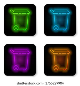 Glowing neon line Trash can icon isolated on white background. Garbage bin sign. Recycle basket icon. Office trash icon. Black square button. Vector Illustration