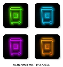 Glowing neon line Trash can icon isolated on white background. Garbage bin sign. Recycle basket icon. Office trash icon. Black square button. Vector Illustration
