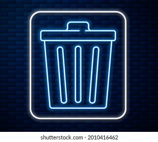 Glowing neon line Trash can icon isolated on brick wall background. Garbage bin sign. Recycle basket icon. Office trash icon.  Vector