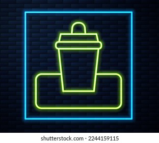 Glowing neon line Trash can icon isolated on brick wall background. Garbage bin sign. Recycle basket icon. Office trash icon.  Vector