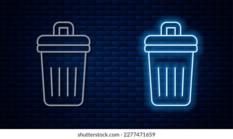Línea de neón brillante La basura puede enmarañarse en el fondo de la pared de ladrillo. Signo de basurero. Icono de la canasta de reciclaje. Icono de papelera.  Vector