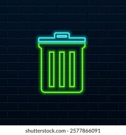 Glowing neon line trash icon can be isolated on the background of the brick wall. Trash can sign. Recycling bin icon. Office trash icon.