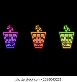 Glowing neon line trash icon can be isolated on the background of the brick wall. Trash can sign. Recycling bin icon. Office trash icon..