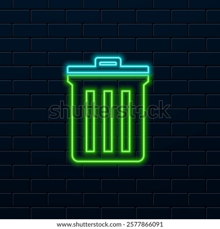 Glowing neon line trash icon can be isolated on the background of the brick wall. Trash can sign. Recycling bin icon. Office trash icon.