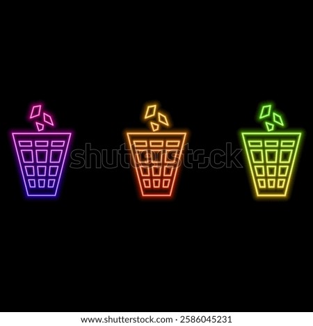 Glowing neon line trash icon can be isolated on the background of the brick wall. Trash can sign. Recycling bin icon. Office trash icon..