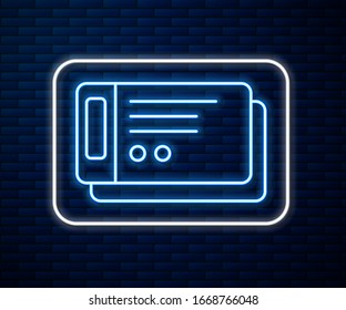 Glowing neon line Travel ticket icon isolated on brick wall background. Train, ship, plane, tram, bus transport. Travel service concept.  Vector Illustration