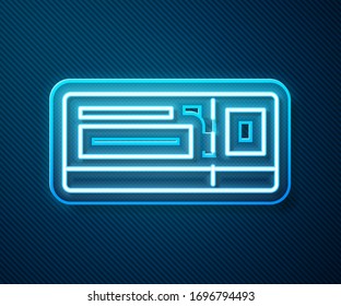 Glowing neon line Travel ticket icon isolated on blue background. Train, ship, plane, tram, bus transport. Travel service concept.  Vector Illustration