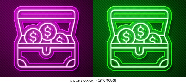 Glowing neon line Treasure chest icon isolated on purple and green background.  Vector