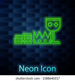 Glowing neon line Treasure and riches icon isolated on brick wall background. Treasure, gold, coins, jewels, crown, gold cup.  Vector Illustration