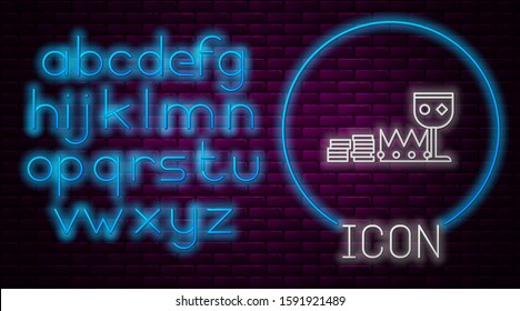Glowing neon line Treasure and riches icon isolated on brick wall background. Treasure, gold, coins, jewels, crown, gold cup. Neon light alphabet. Vector Illustration