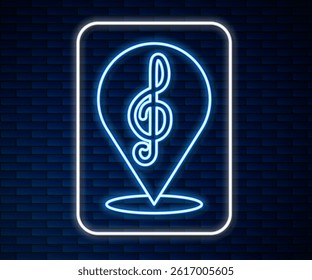 Glowing neon line Treble clef icon isolated on brick wall background.  Vector