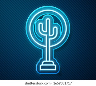 Glowing neon line Tree icon isolated on blue background. Forest symbol.  Vector Illustration