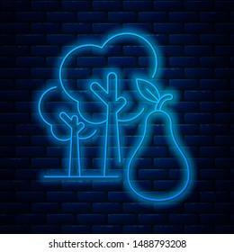 Glowing neon line Tree with pears icon isolated on brick wall background. Agricultural plant. Organic farm product. Gardening theme.  Vector Illustration