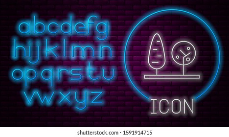 Glowing neon line Trees icon isolated on brick wall background. Forest symbol. Neon light alphabet. Vector Illustration
